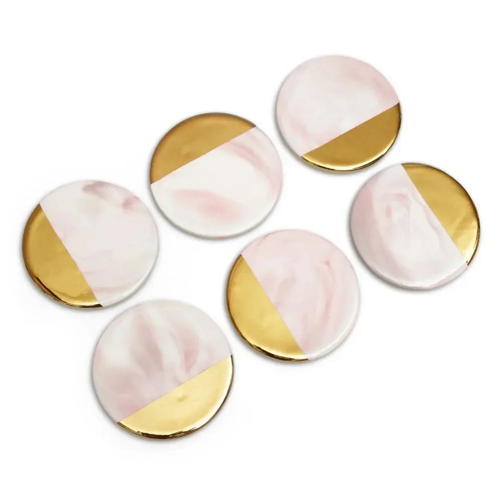 Luxury Pink And White Marble Gold Accent Round Beverage Coasters - Set Of 6